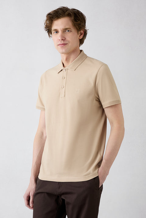 Mid Beige Non-Curling Polo Collar Slim Fit Narrow Cut Ribbed Detail Cotton T-Shirt