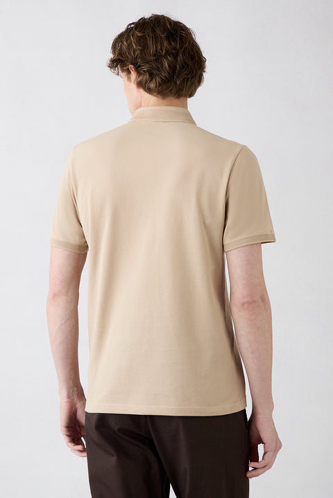 Mid Beige Non-Curling Polo Collar Slim Fit Narrow Cut Ribbed Detail Cotton T-Shirt