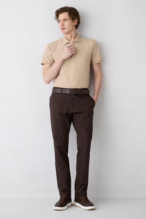 Mid Beige Non-Curling Polo Collar Slim Fit Narrow Cut Ribbed Detail Cotton T-Shirt