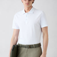 White Non-Curling Polo Neck Slim Fit Ribbed Cotton T-Shirt