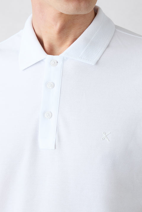 White Non-Curling Polo Neck Slim Fit Ribbed Cotton T-Shirt
