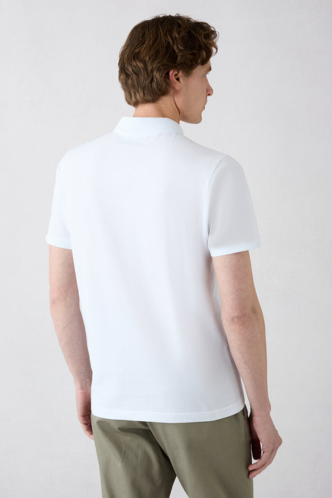 White Non-Curling Polo Neck Slim Fit Ribbed Cotton T-Shirt