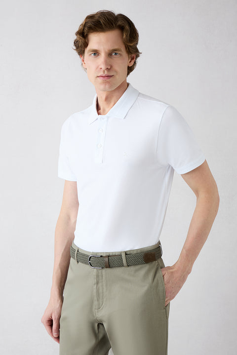 White Non-Curling Polo Neck Slim Fit Ribbed Cotton T-Shirt