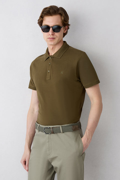 Orta Haki Kıvrılmaz Polo Yaka Slim Fit Dar Kesim Ribana Detaylı Pamuk Tişört