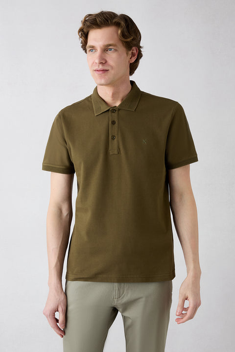 Orta Haki Kıvrılmaz Polo Yaka Slim Fit Dar Kesim Ribana Detaylı Pamuk Tişört