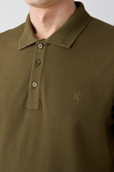 Orta Haki Kıvrılmaz Polo Yaka Slim Fit Dar Kesim Ribana Detaylı Pamuk Tişört