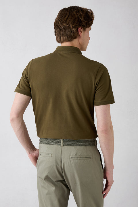 Orta Haki Kıvrılmaz Polo Yaka Slim Fit Dar Kesim Ribana Detaylı Pamuk Tişört