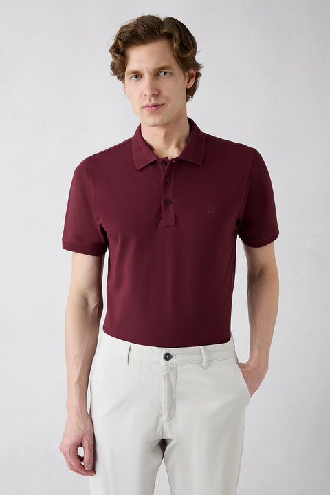 Koyu Bordo Kıvrılmaz Polo Yaka Slim Fit Dar Kesim Ribana Detaylı Pamuk Tişört