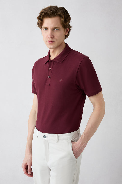 Koyu Bordo Kıvrılmaz Polo Yaka Slim Fit Dar Kesim Ribana Detaylı Pamuk Tişört