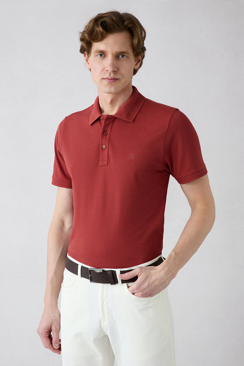 Turuncu Kıvrılmaz Polo Yaka Slim Fit Dar Kesim Ribana Detaylı Pamuk Tişört