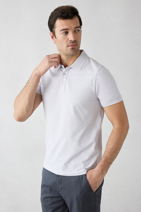 Lila Kıvrılmaz Polo Yaka Slim Fit Dar Kesim Ribana Detaylı Pamuk Tişört