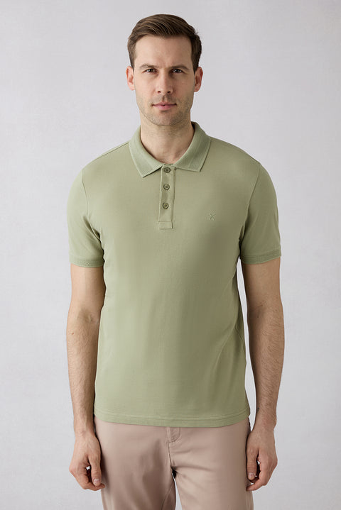 Orman Yeşili Kıvrılmaz Polo Yaka Slim Fit Dar Kesim Ribana Detaylı Pamuk Tişört