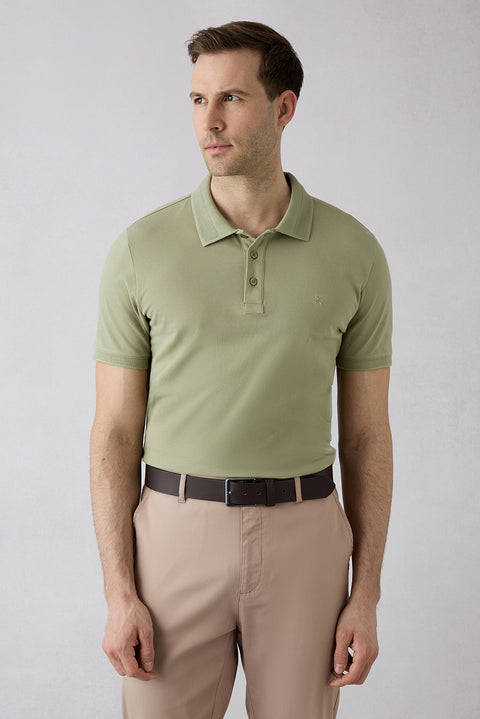 Orman Yeşili Kıvrılmaz Polo Yaka Slim Fit Dar Kesim Ribana Detaylı Pamuk Tişört