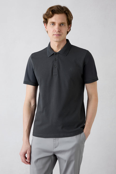 Dark Anthracite Wrinkle-Free Polo Neck Slim Fit Ribbed Detail Cotton T-Shirt