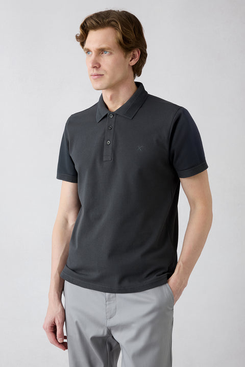 Dark Anthracite Wrinkle-Free Polo Neck Slim Fit Ribbed Detail Cotton T-Shirt