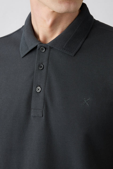 Dark Anthracite Wrinkle-Free Polo Neck Slim Fit Ribbed Detail Cotton T-Shirt