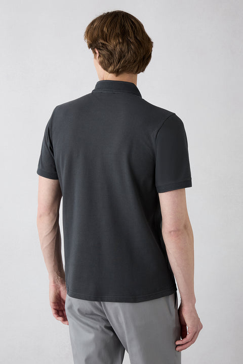 Dark Anthracite Wrinkle-Free Polo Neck Slim Fit Ribbed Detail Cotton T-Shirt