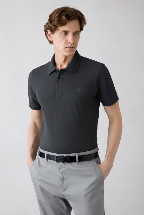 Dark Anthracite Wrinkle-Free Polo Neck Slim Fit Ribbed Detail Cotton T-Shirt