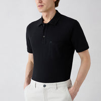Black Non-Curling Polo Collar Regular Fit Pocketed Ribbed Cotton T-Shirt