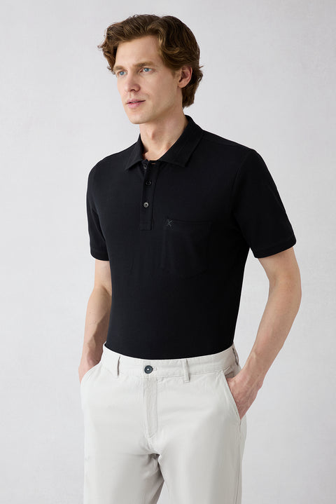 Black Non-Curling Polo Collar Regular Fit Pocketed Ribbed Cotton T-Shirt