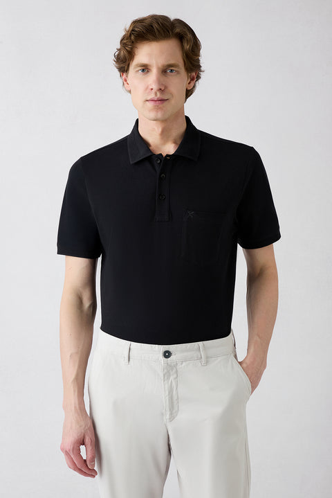 Black Non-Curling Polo Collar Regular Fit Pocketed Ribbed Cotton T-Shirt