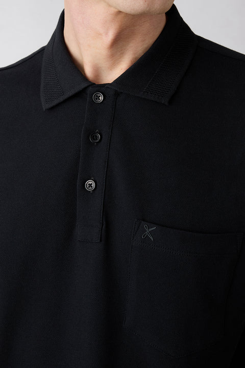 Black Non-Curling Polo Collar Regular Fit Pocketed Ribbed Cotton T-Shirt