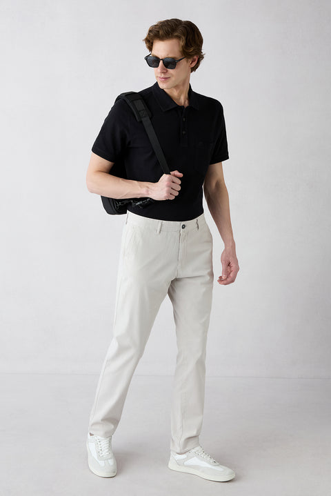 Black Non-Curling Polo Collar Regular Fit Pocketed Ribbed Cotton T-Shirt