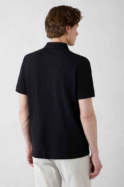 Black Non-Curling Polo Collar Regular Fit Pocketed Ribbed Cotton T-Shirt