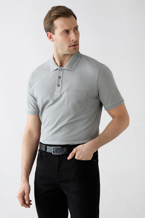 Orta Gri Kıvrılmaz Polo Yaka Regular Fit Cepli Ribana Detaylı Pamuk Tişört