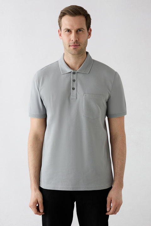 Orta Gri Kıvrılmaz Polo Yaka Regular Fit Cepli Ribana Detaylı Pamuk Tişört