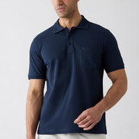 Dark Navy Anti-Roll Polo Neck Regular Fit Pocketed Ribbed Cotton T-Shirt