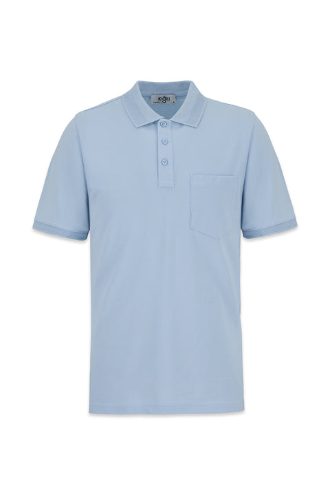 Light Blue Non-Iron Polo Neck Regular Fit Pocketed Ribbed Cotton T-Shirt