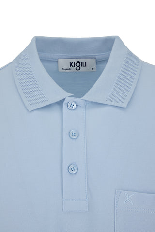  Açık Mavi Kıvrılmaz Polo Yaka Regular Fit Cepli Ribana Detaylı Pamuk Tişört