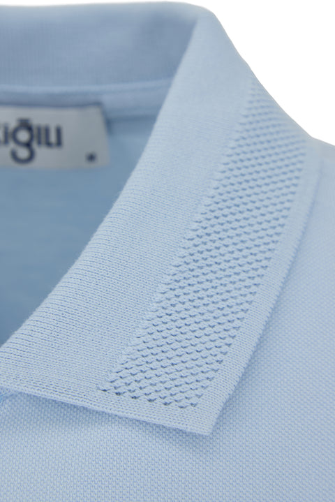 Light Blue Non-Iron Polo Neck Regular Fit Pocketed Ribbed Cotton T-Shirt