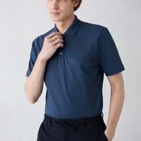Indigo Non-Iron Polo Neck Regular Fit Pocketed Ribbed Cotton T-Shirt