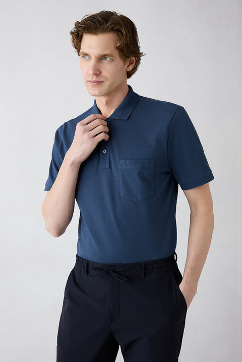 Indigo Non-Iron Polo Neck Regular Fit Pocketed Ribbed Cotton T-Shirt