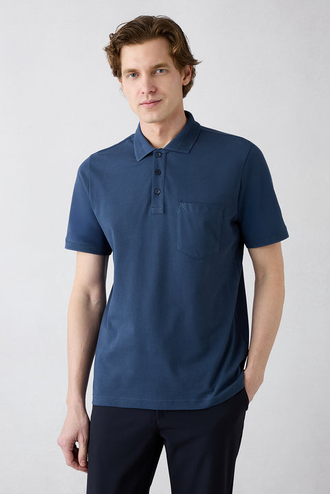Indigo Non-Iron Polo Neck Regular Fit Pocketed Ribbed Cotton T-Shirt