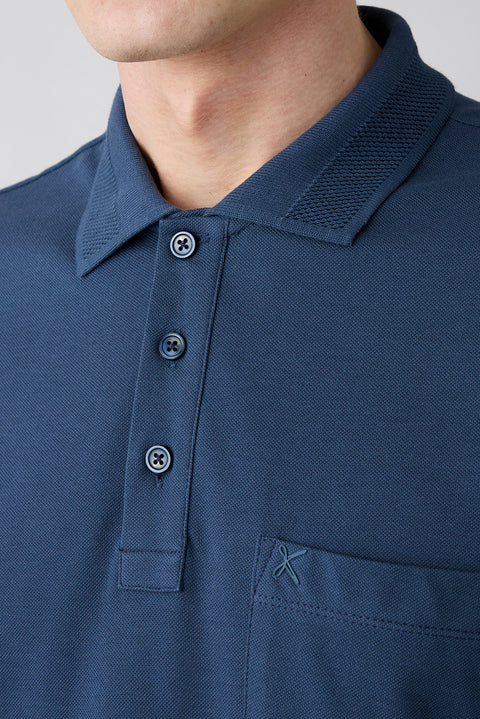 Indigo Non-Iron Polo Neck Regular Fit Pocketed Ribbed Cotton T-Shirt