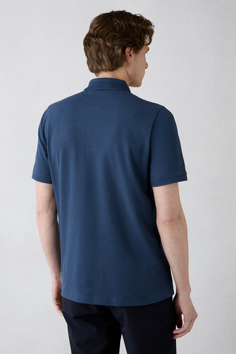 Indigo Non-Iron Polo Neck Regular Fit Pocketed Ribbed Cotton T-Shirt