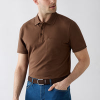 Medium Brown Anti-Pill Polo Neck Regular Fit Pocketed Ribbed Cotton T-Shirt