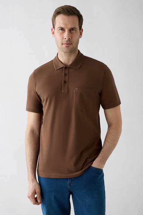 Medium Brown Anti-Pill Polo Neck Regular Fit Pocketed Ribbed Cotton T-Shirt