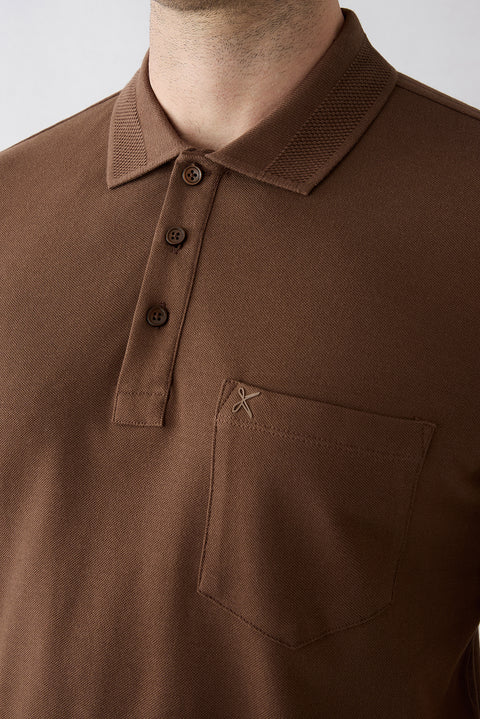 Medium Brown Anti-Pill Polo Neck Regular Fit Pocketed Ribbed Cotton T-Shirt