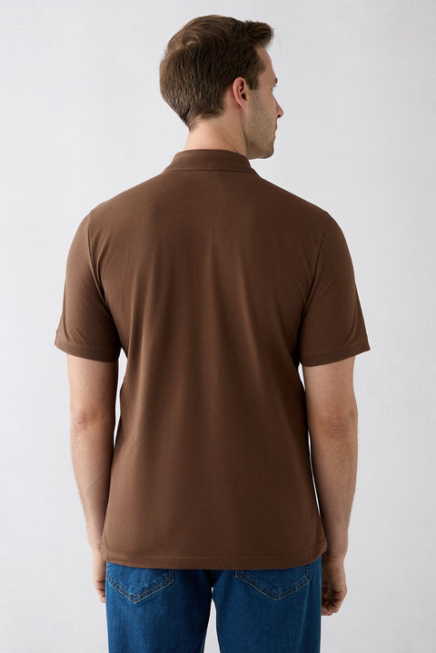 Medium Brown Anti-Pill Polo Neck Regular Fit Pocketed Ribbed Cotton T-Shirt