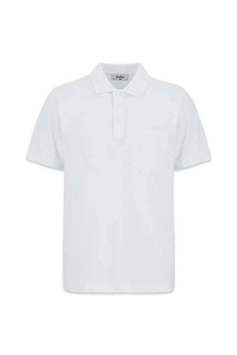 Beyaz Kıvrılmaz Polo Yaka Regular Fit Cepli Ribana Detaylı Pamuk Tişört