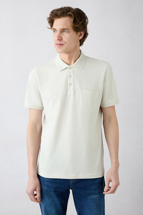 Stone Wrinkle-Free Polo Neck Regular Fit Pocketed Ribbed Detail Cotton T-Shirt