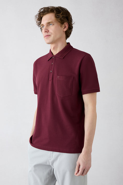 Koyu Bordo Kıvrılmaz Polo Yaka Regular Fit Cepli Ribana Detaylı Pamuk Tişört