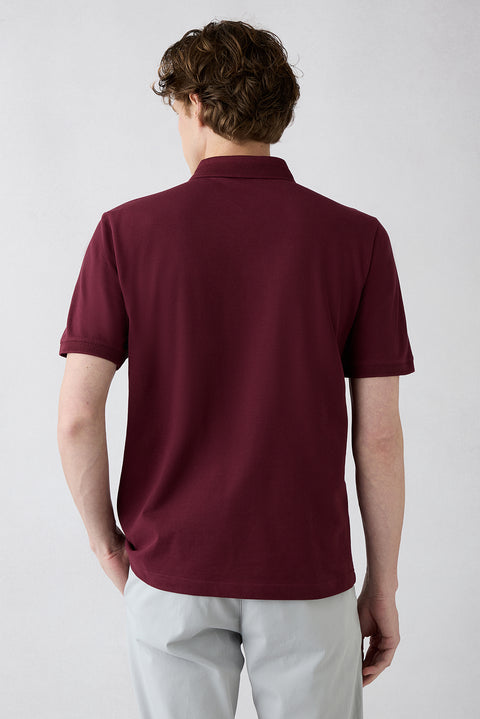 Koyu Bordo Kıvrılmaz Polo Yaka Regular Fit Cepli Ribana Detaylı Pamuk Tişört