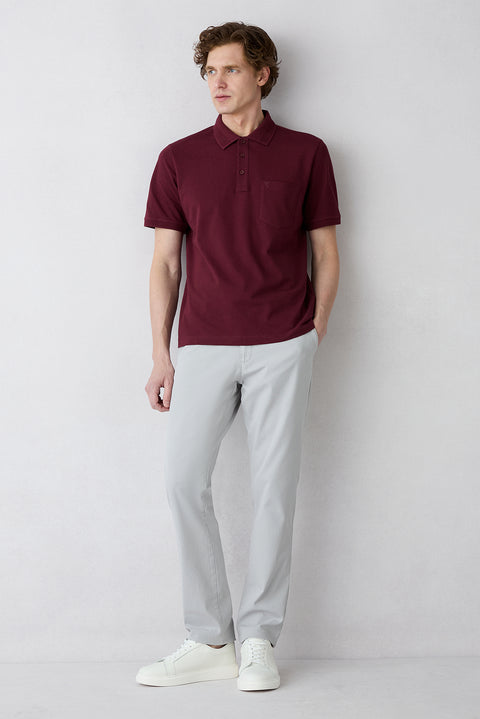 Koyu Bordo Kıvrılmaz Polo Yaka Regular Fit Cepli Ribana Detaylı Pamuk Tişört