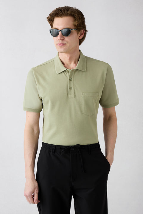 Forest Green Non-Iron Polo Neck Regular Fit Pocketed Ribbed Cotton T-Shirt