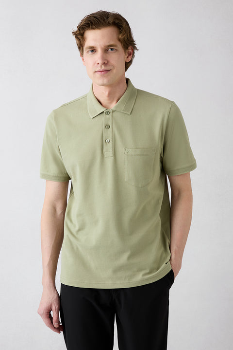 Forest Green Non-Iron Polo Neck Regular Fit Pocketed Ribbed Cotton T-Shirt